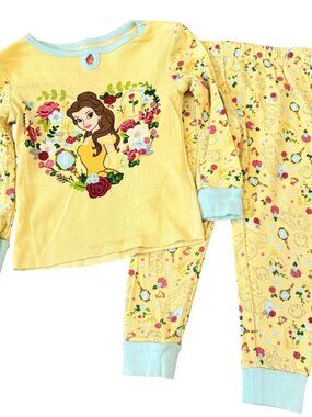 Disney Princess Belle Yellow Pajama Set For Girls Size 3 Floral Print Long Sleev